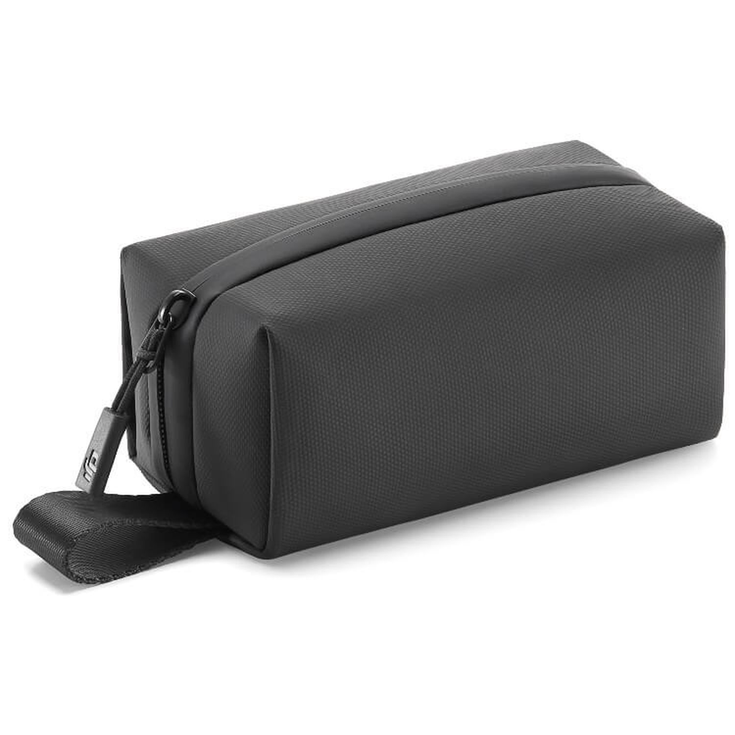 A black travel bag with a handle and strap, on a white background.