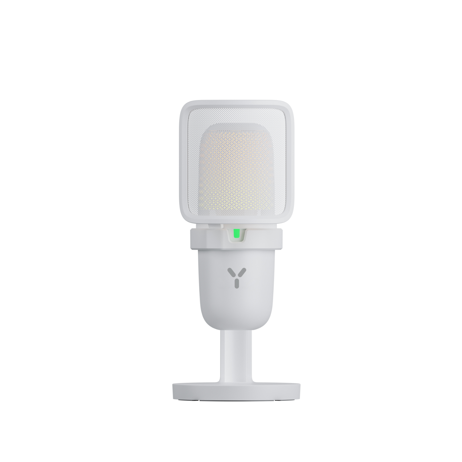A white microphone with a mesh front and a green light, on a white stand.