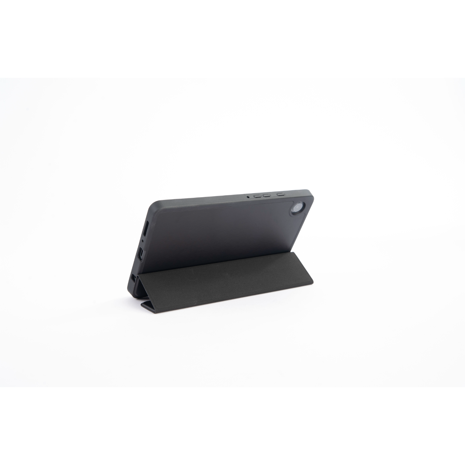Black tablet in case, propped up. Black back, camera lens, and stand.