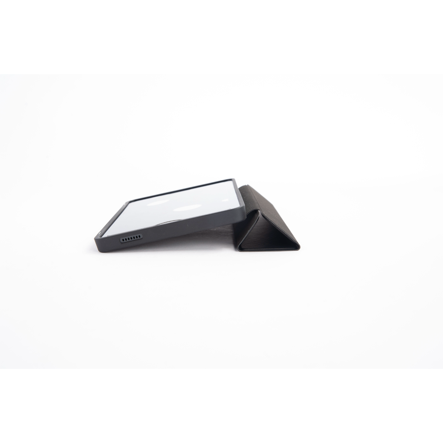 A black tablet in a case, angled against a white background.