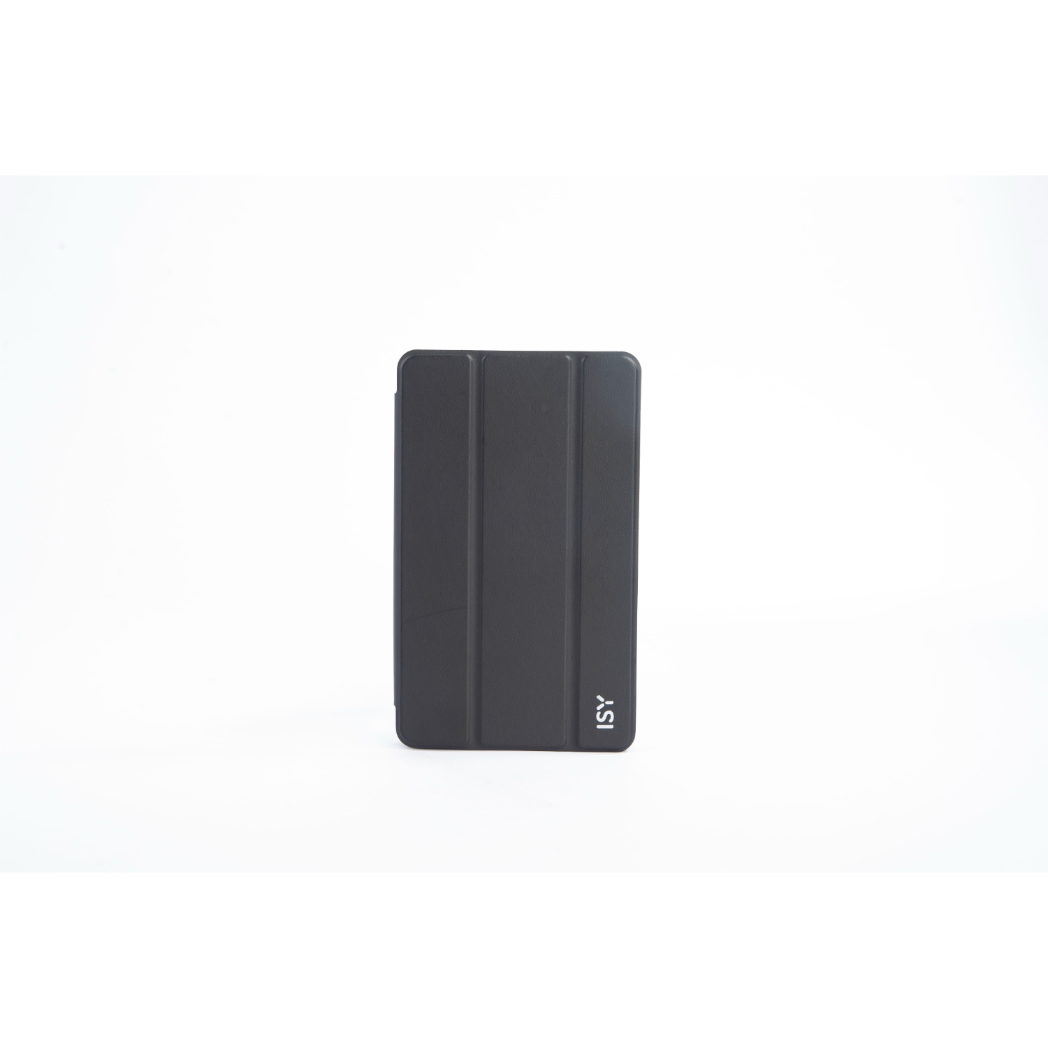 Black tablet case with a simple design. The brand ISY is printed on the bottom right.