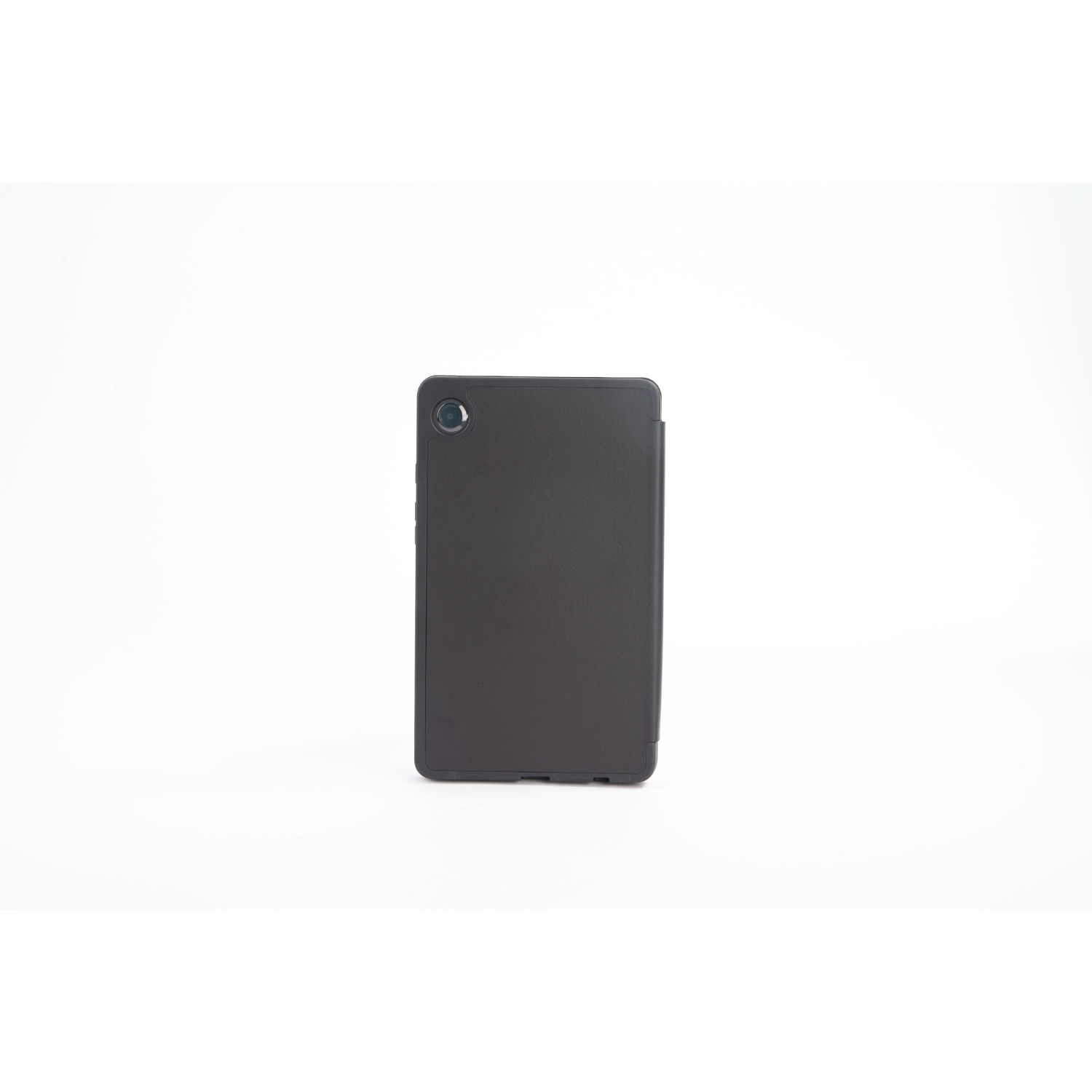 A black tablet with a camera on the back, lying flat on a white surface. The screen is off.
