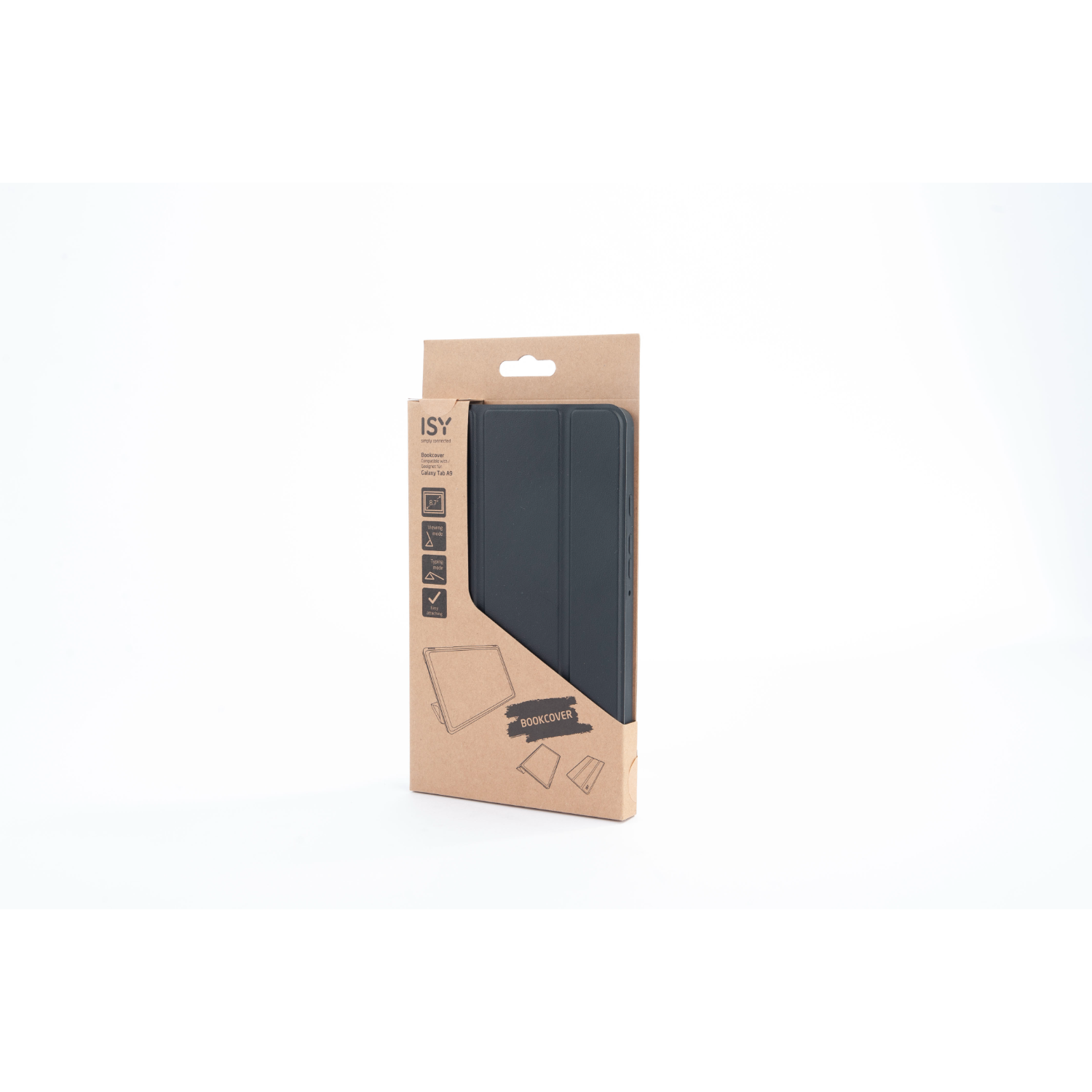 Tablet case in a box. Black tablet case in a brown box on white background.