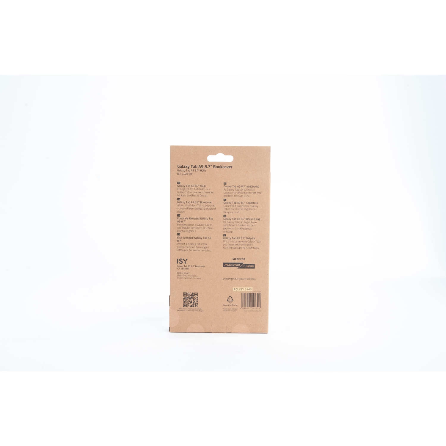 Packaging with details about a tablet cover, showing product information and a barcode.