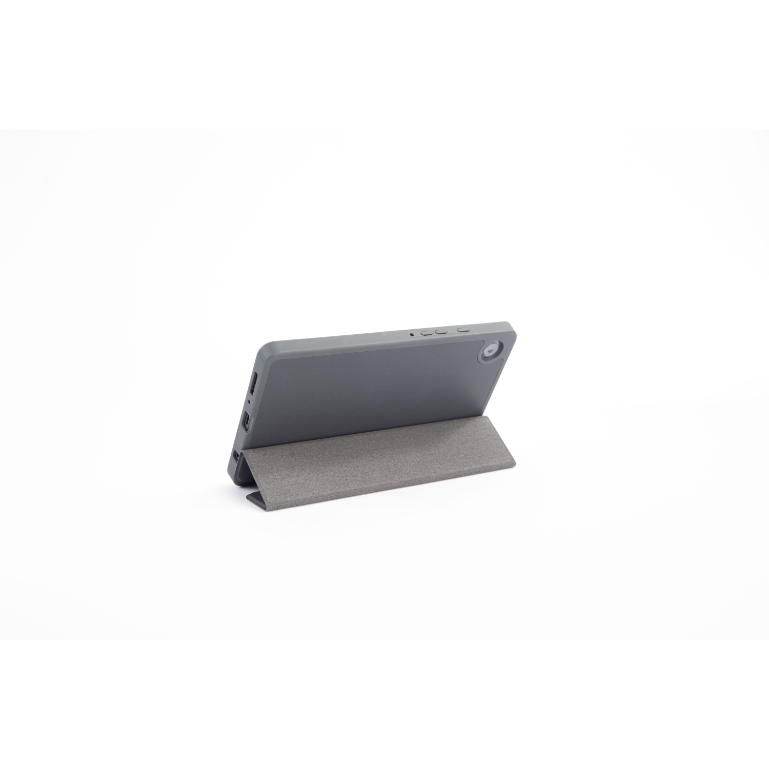 A gray tablet in a gray case, propped up. The case is open, and the tablet is visible.