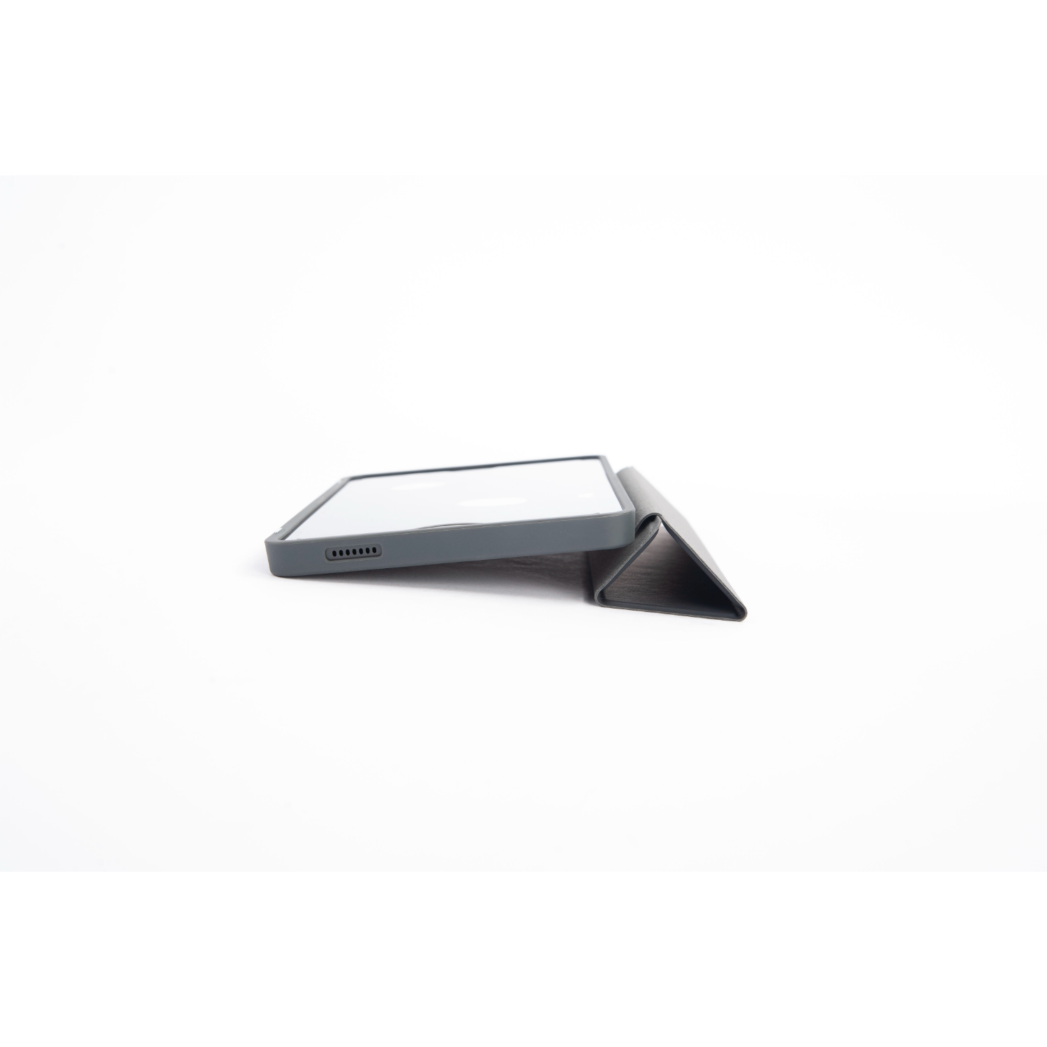 A gray tablet in a gray cover. The cover is folded into a stand, white background.