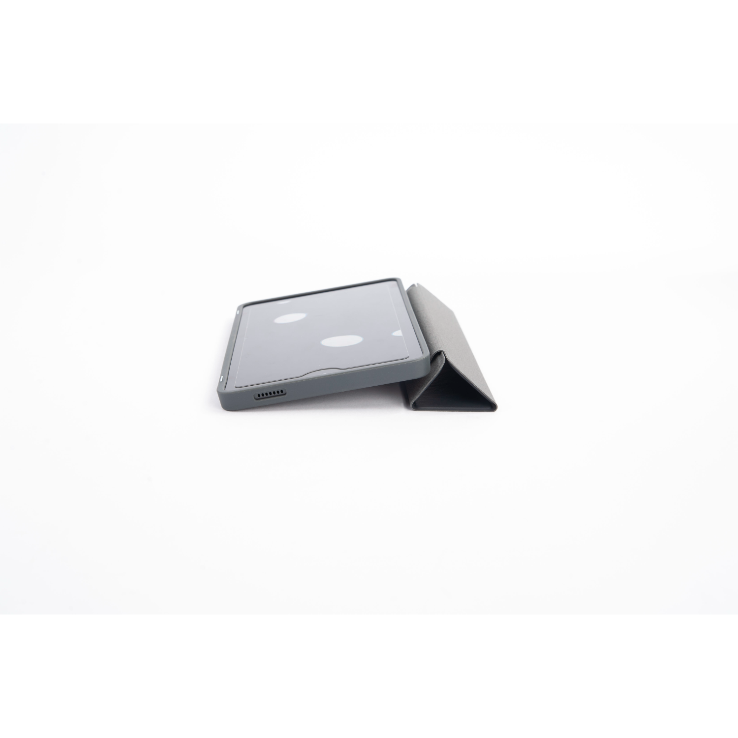 Gray tablet with case, partially open. White background.