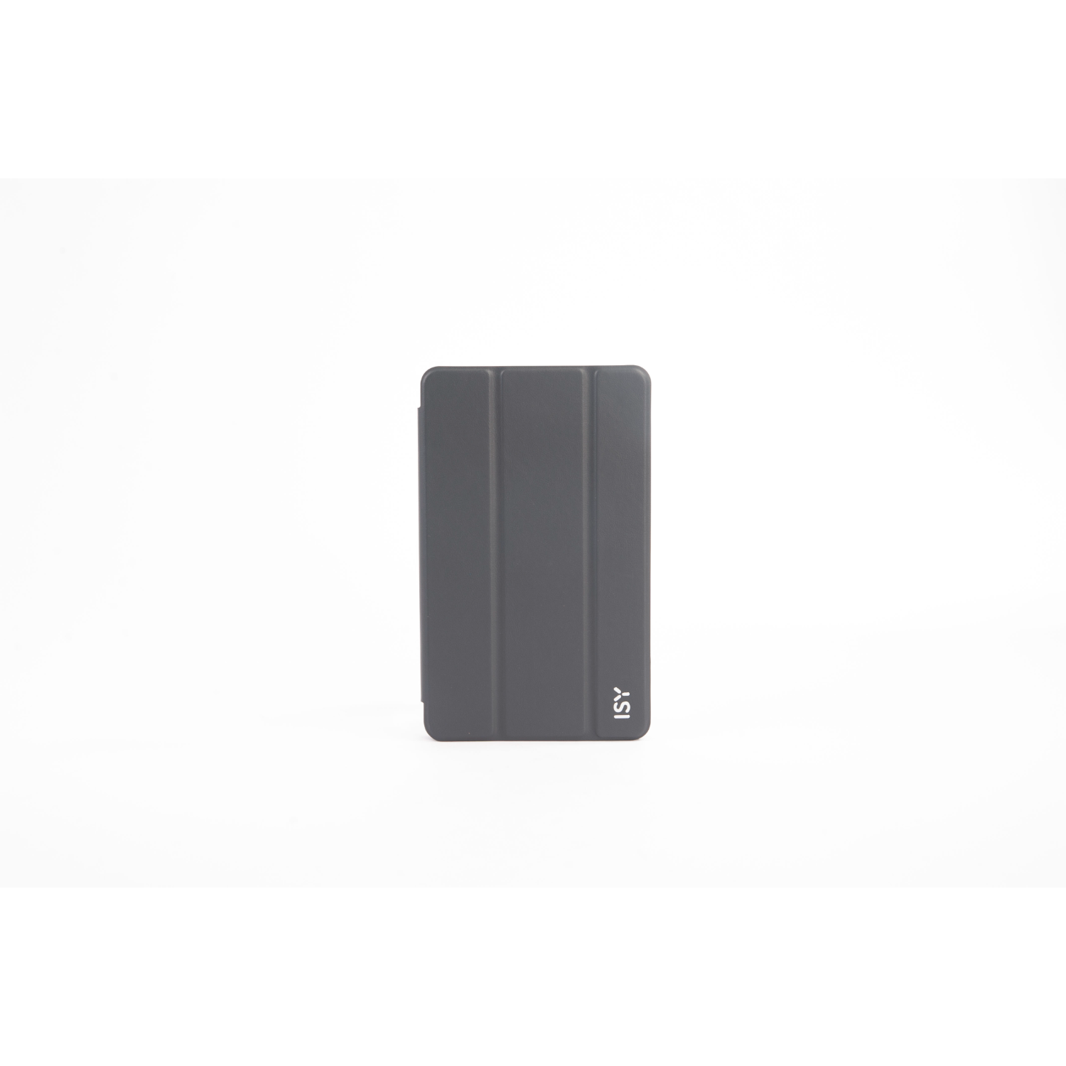 Gray tablet case, closed and upright, on a white background. The ISY logo is visible.