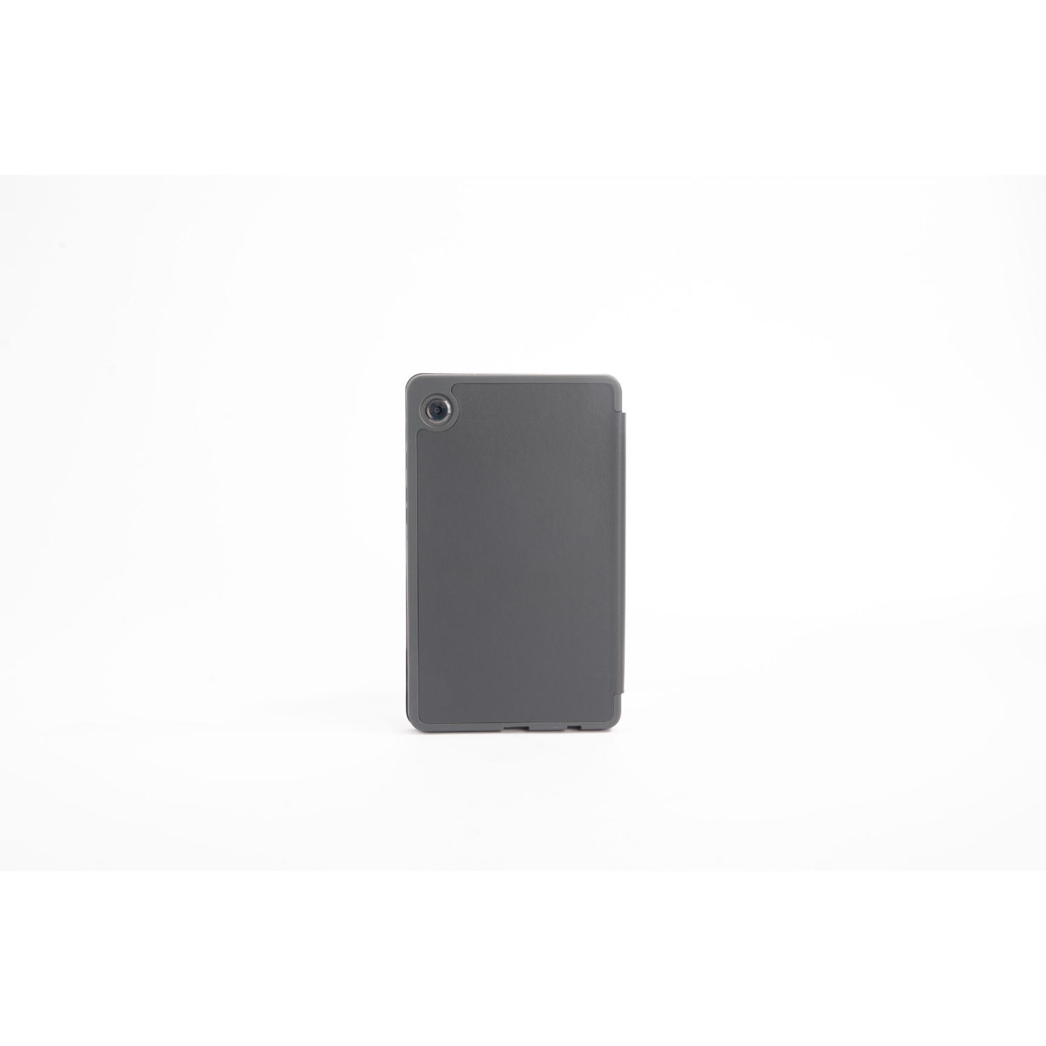 Grey tablet with a case, on a white background, rear view.