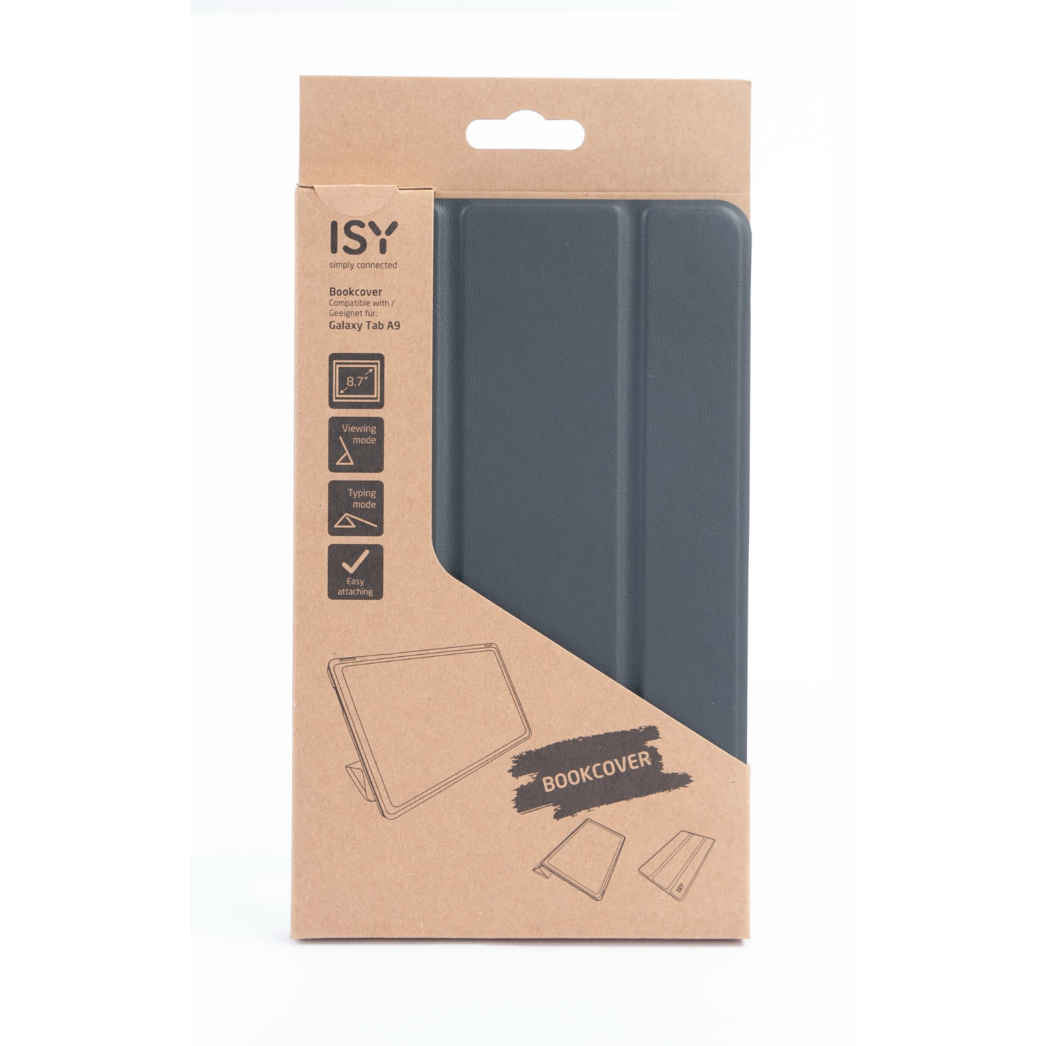 Grey tablet case in a box, with the 'ISY' and 'Bookcover' logos.