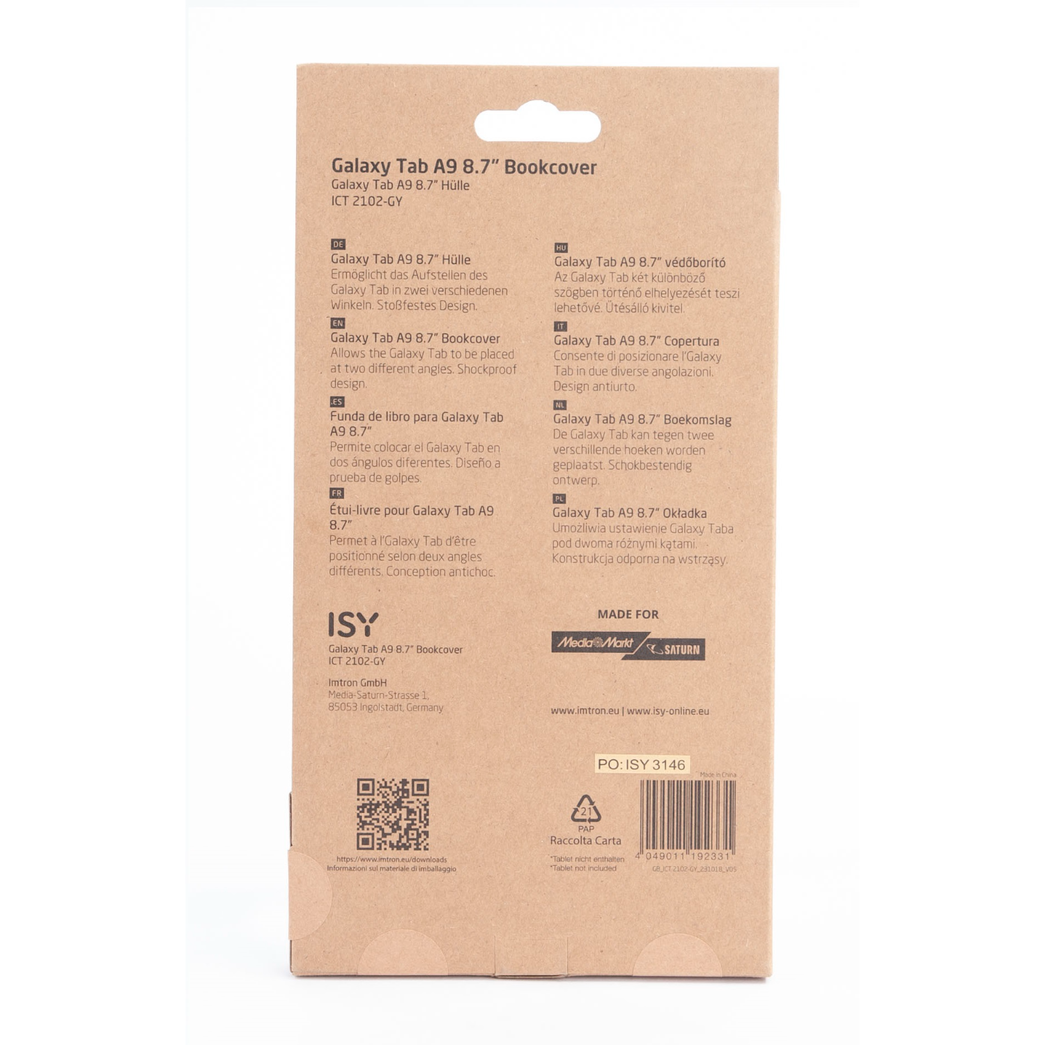 Galaxy Tab A9 8.7" Bookcover packaging, showing the cover and the device it protects.