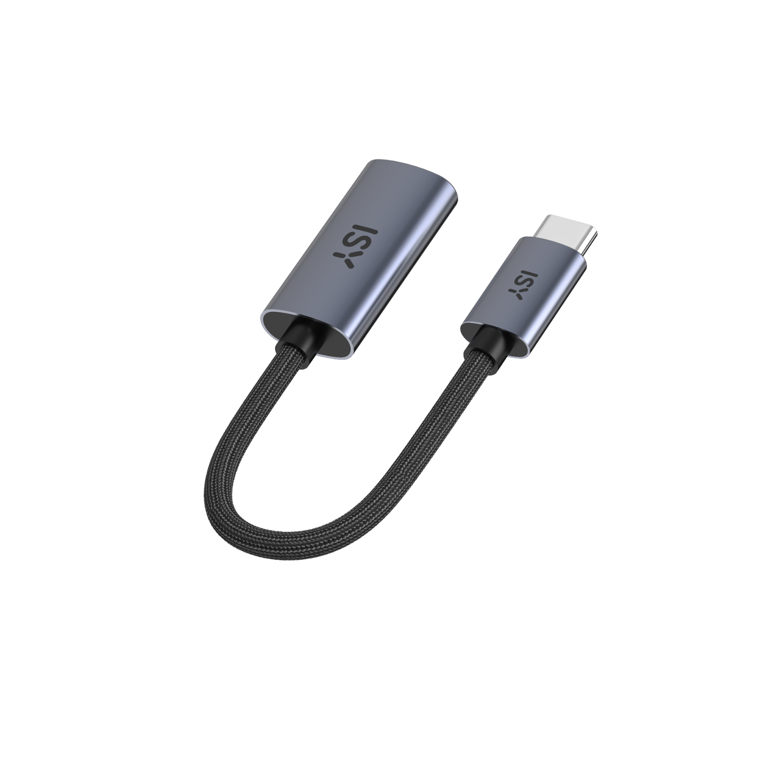 A USB-C to headphone adapter. Metallic blue with a black braided cable.