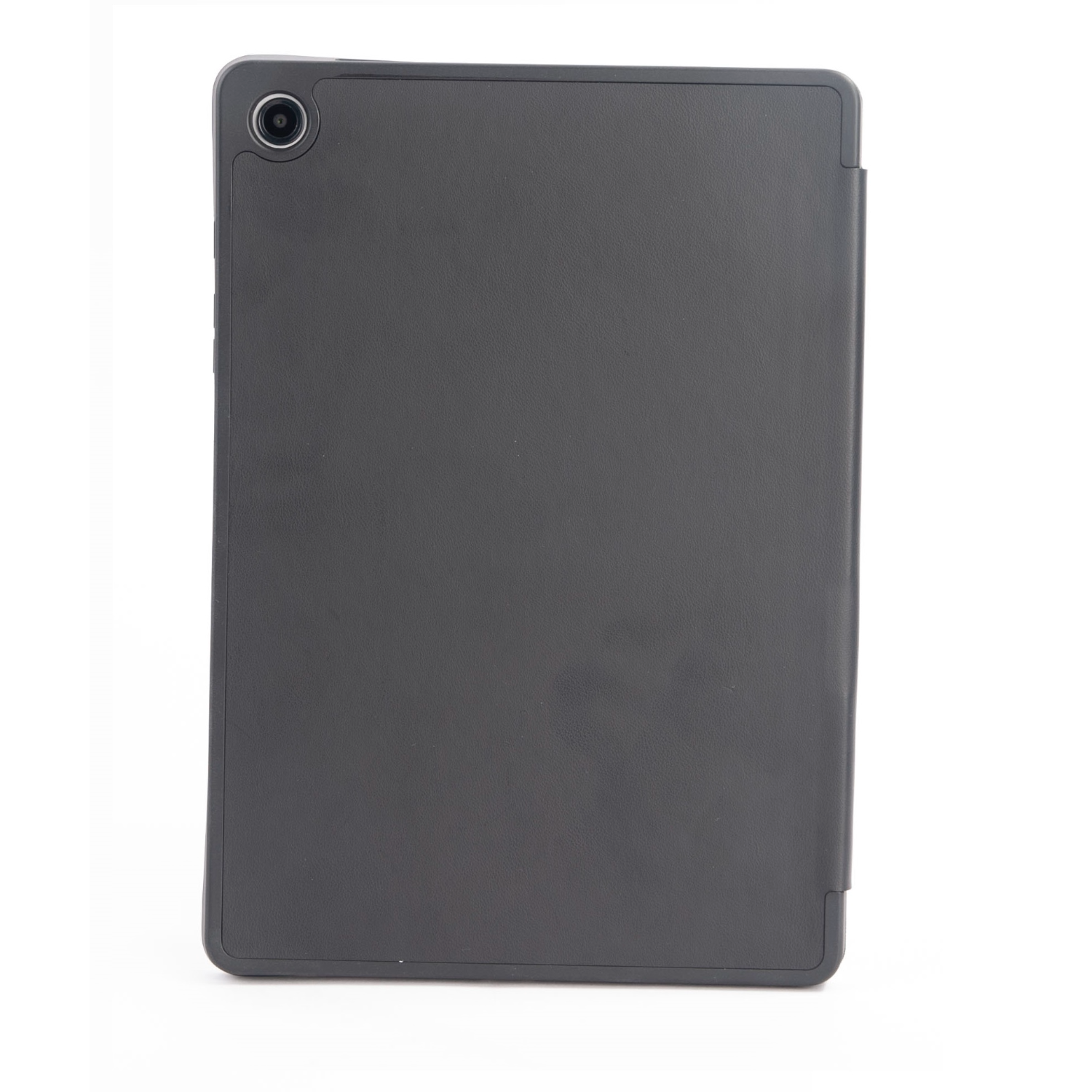 Back of a black tablet with a single camera and a dark case.