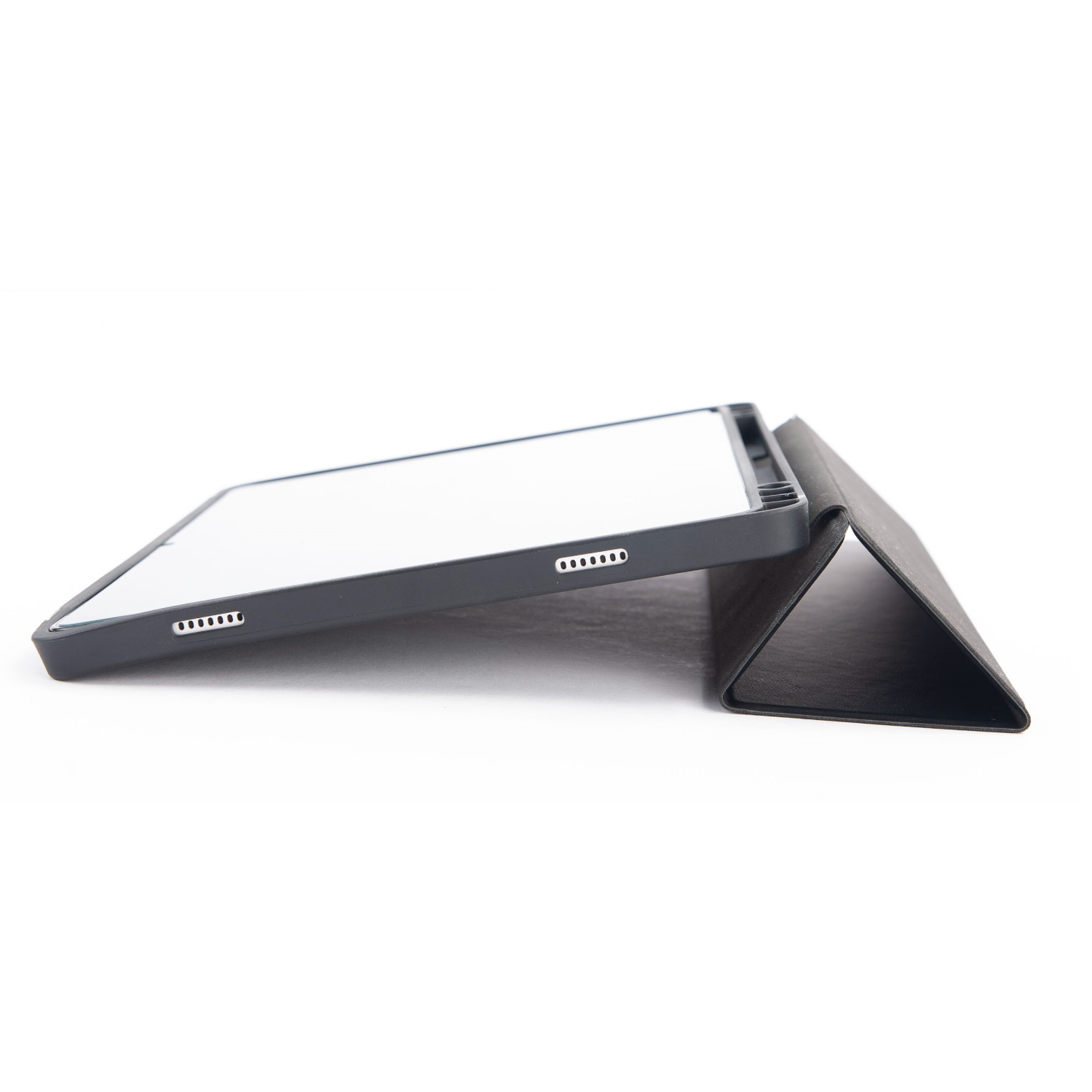 A black tablet in a case, open to show screen, case folded as a stand on a white surface.