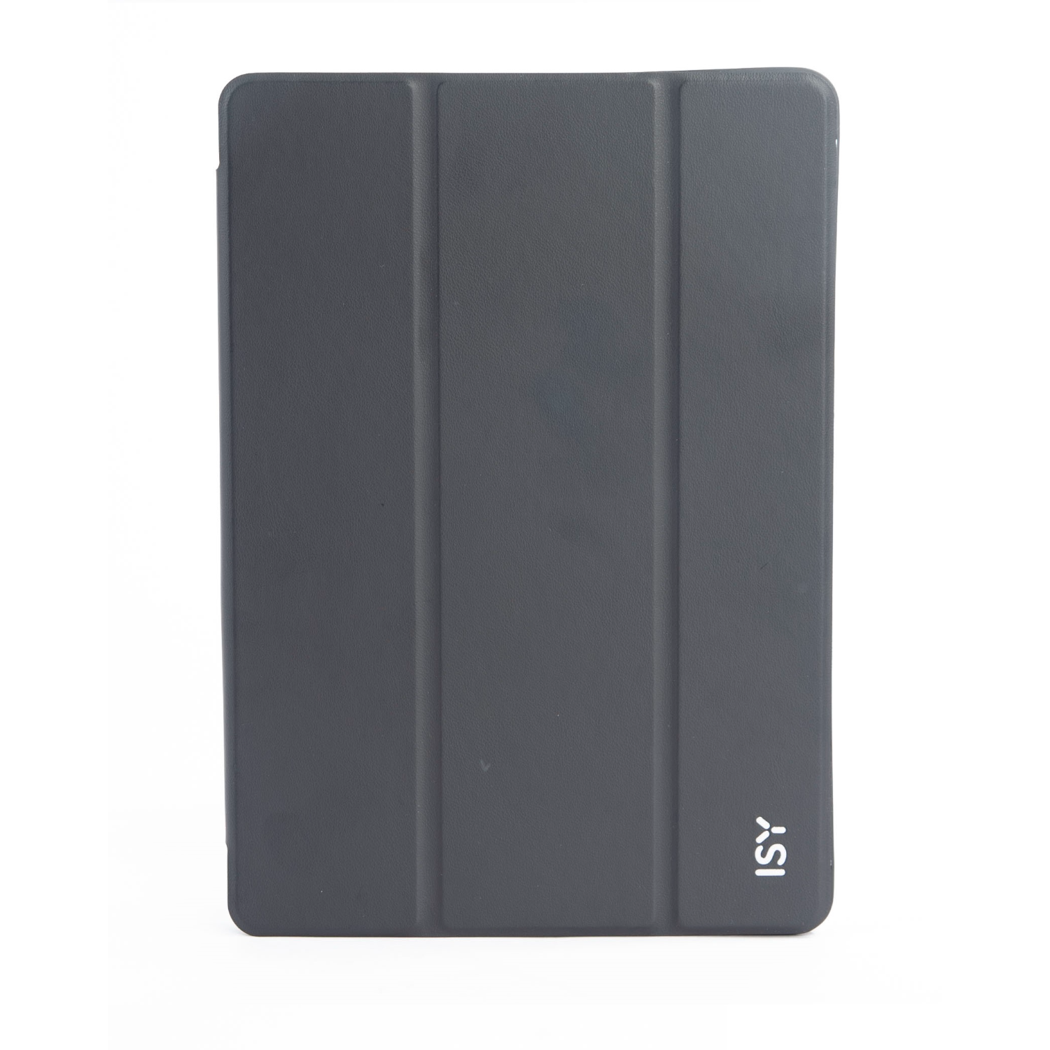 A closed, grey tablet case with the logo 'isy' on the lower right corner.