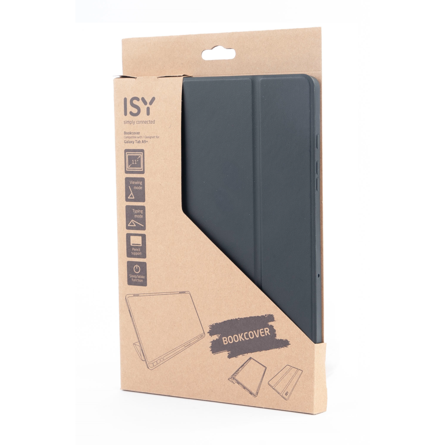 A tablet case in a cardboard box. Shows a tablet cover and its features.