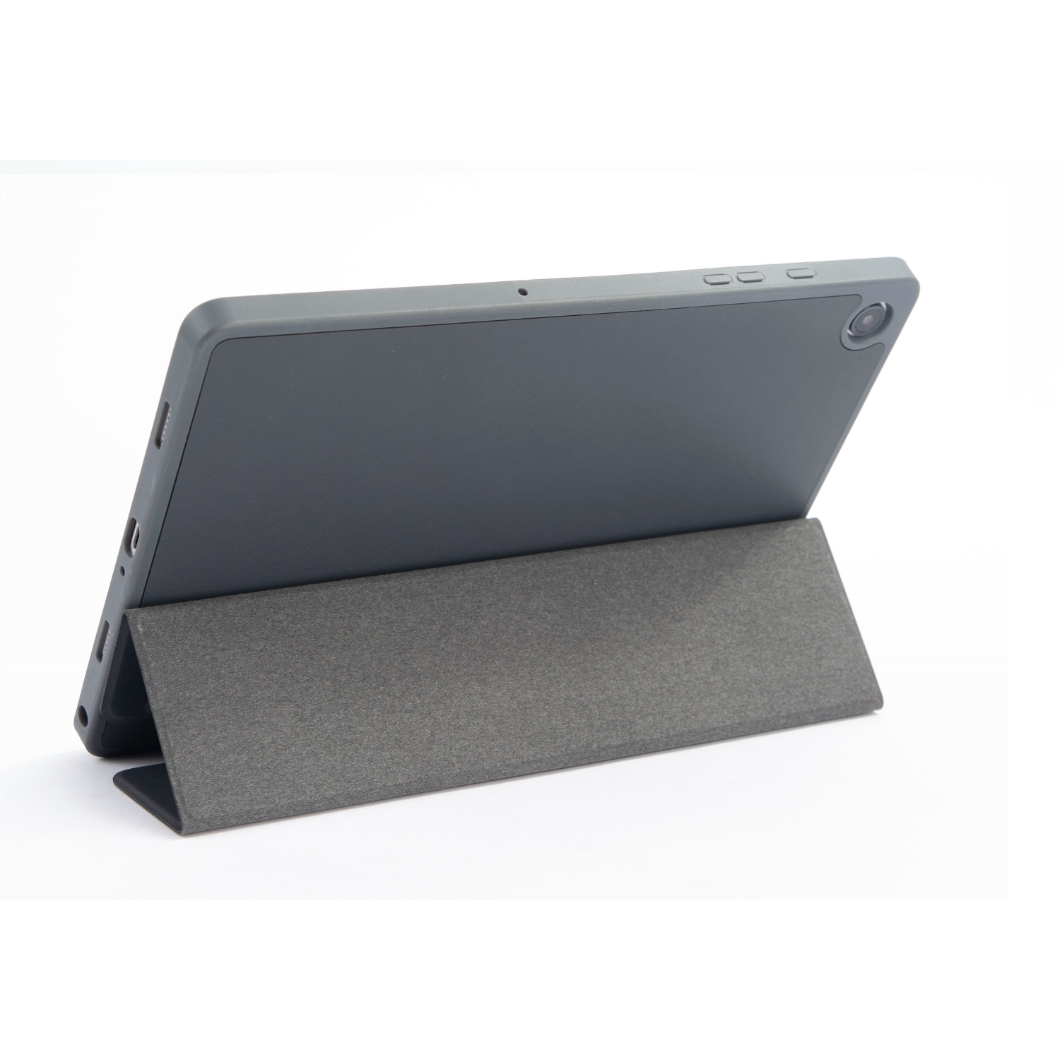 Gray tablet in gray case, propped up. The cover forms a stand. White background.