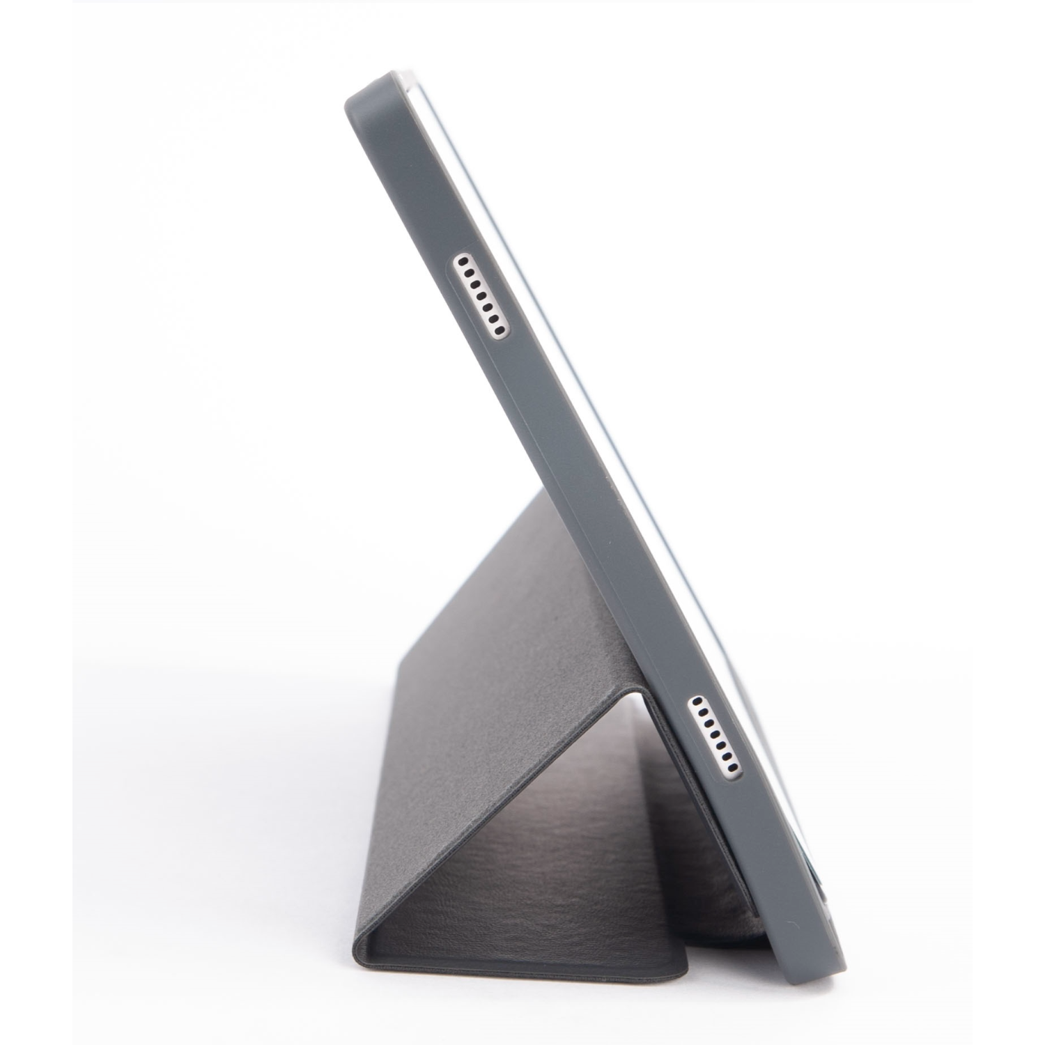 A grey tablet in a case stands upright. The screen faces forward, with speaker holes on the side.