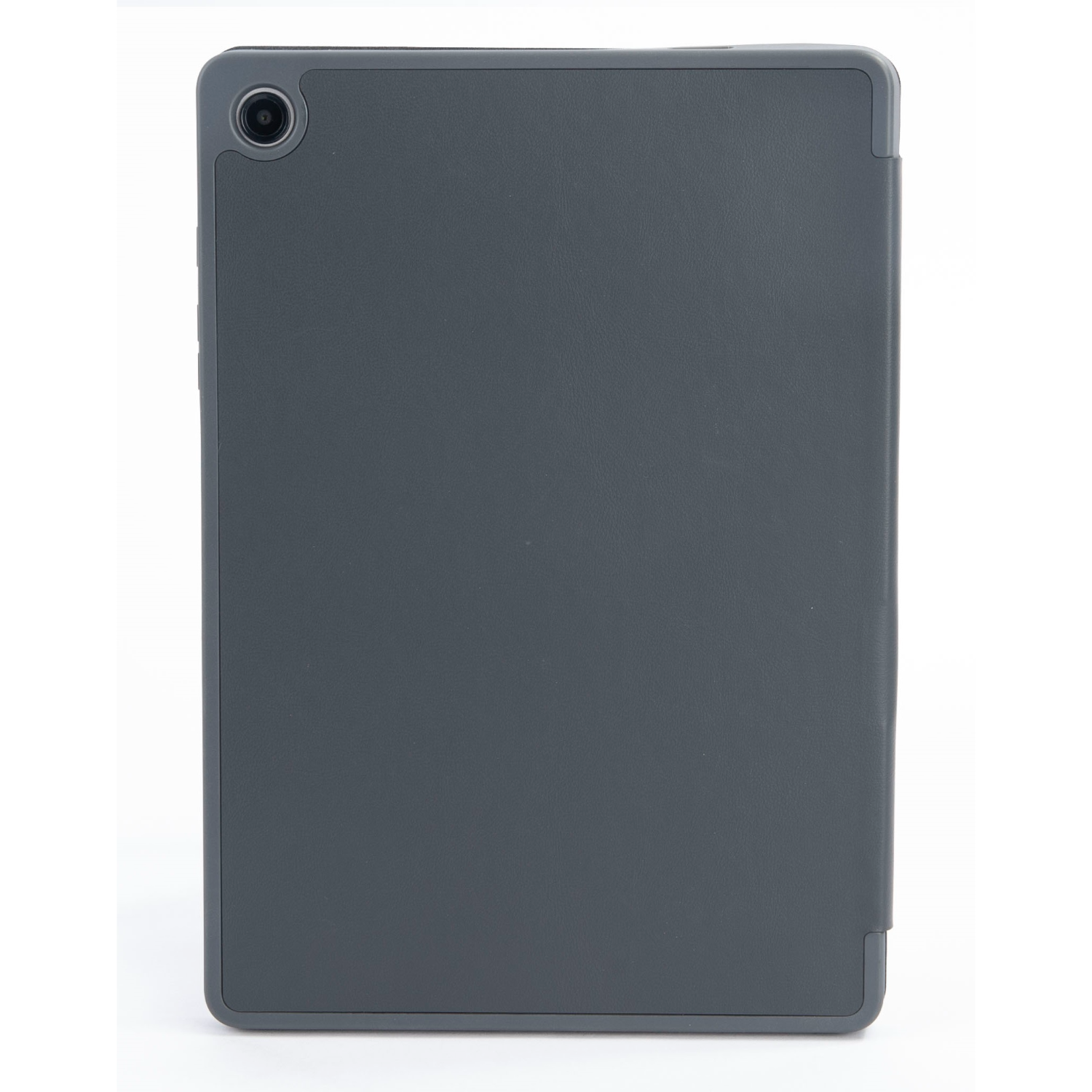 A gray tablet with a camera lens on the back.