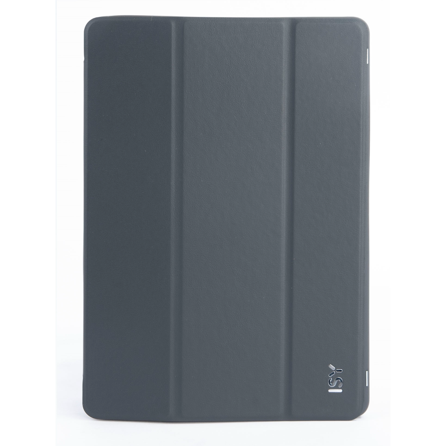 A closed tablet case. It is gray and has a simple design. The cover is folded.