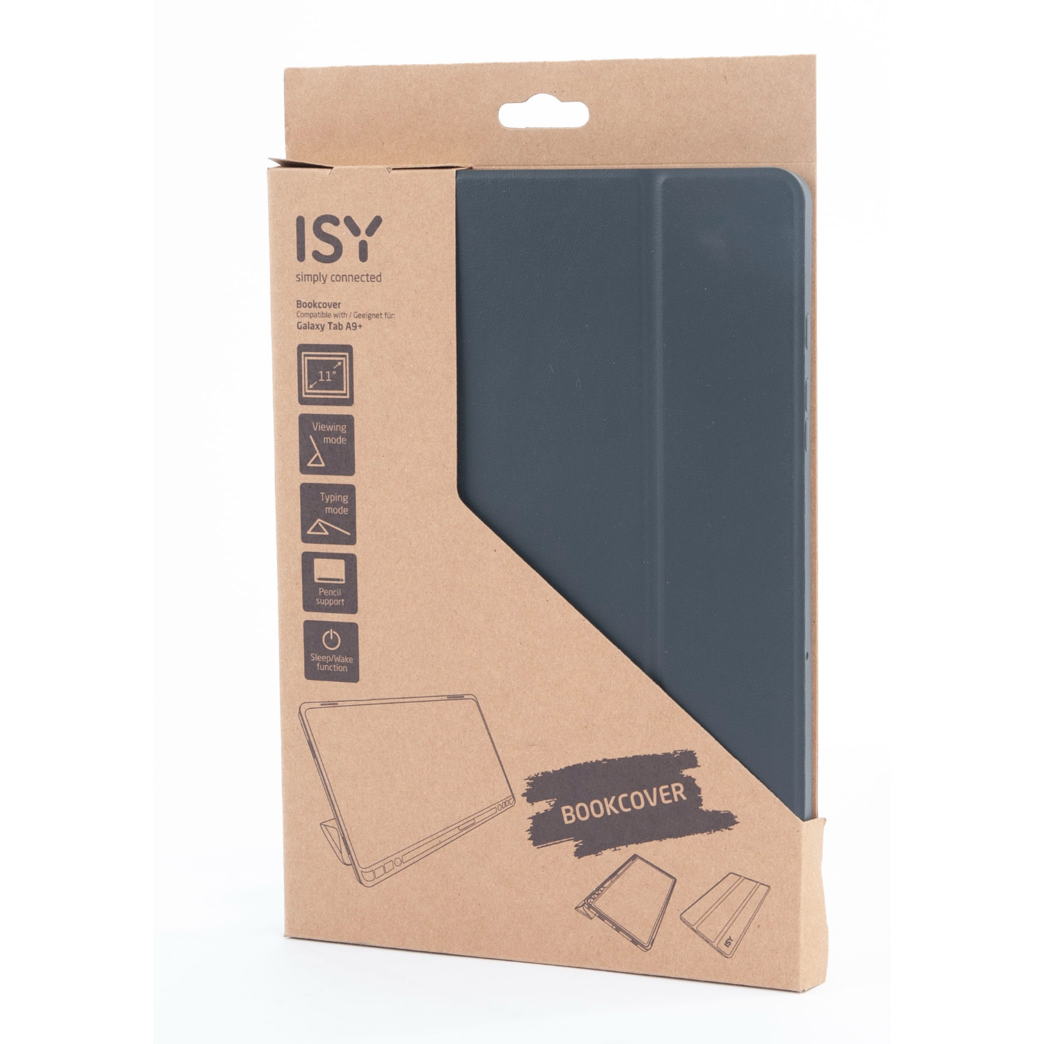 Tablet bookcover in a cardboard box. Cover is dark gray, with a tablet graphic.