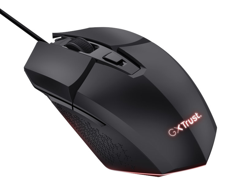 Czarna mysz komputerowa z czerwonym logo GXTrust i przyciskiem bocznym, białe tło.