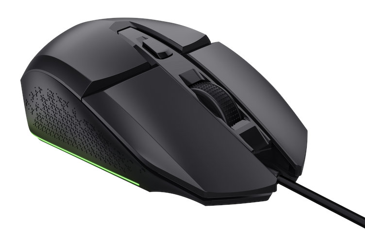 Czarna mysz do gier z zielonym światłem na dole. Białe tło.