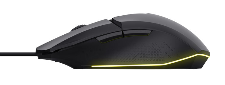 Czarna mysz gamingowa z żółtymi akcentami świetlnymi. Widoczne przyciski boczne i rolka.