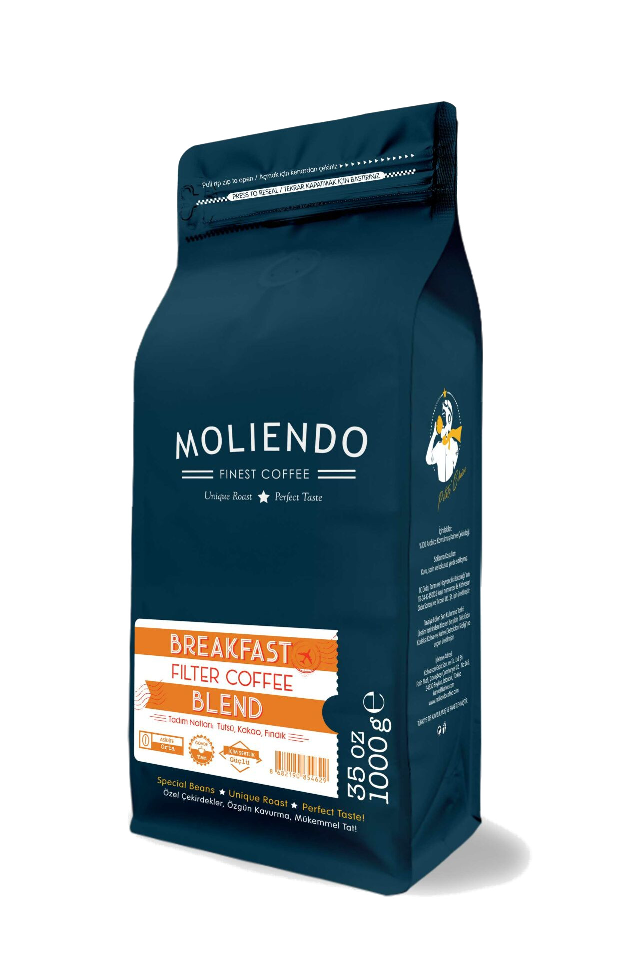Beyaz arka plan üzerinde 'Moliendo' etiketi ve 'Breakfast Filter Coffee Blend' yazılı koyu mavi bir kahve çantası.