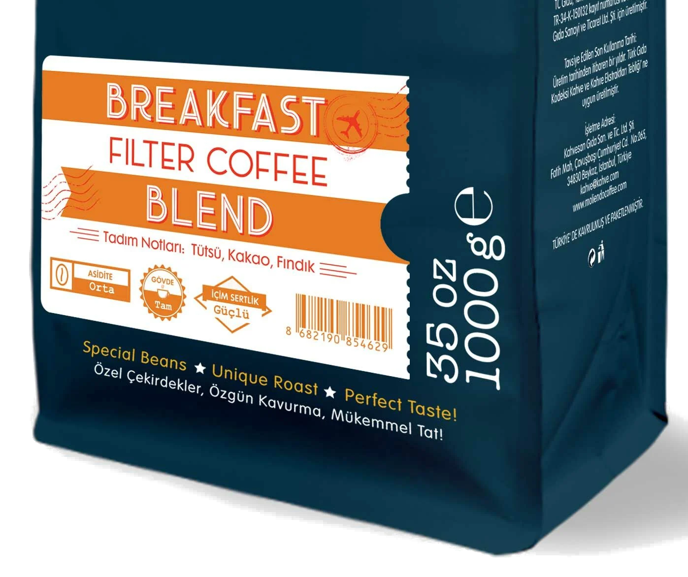 'BREAKFAST FILTER COFFEE BLEND' dahil olmak üzere metin ve grafiklerle bir kahve poşeti.