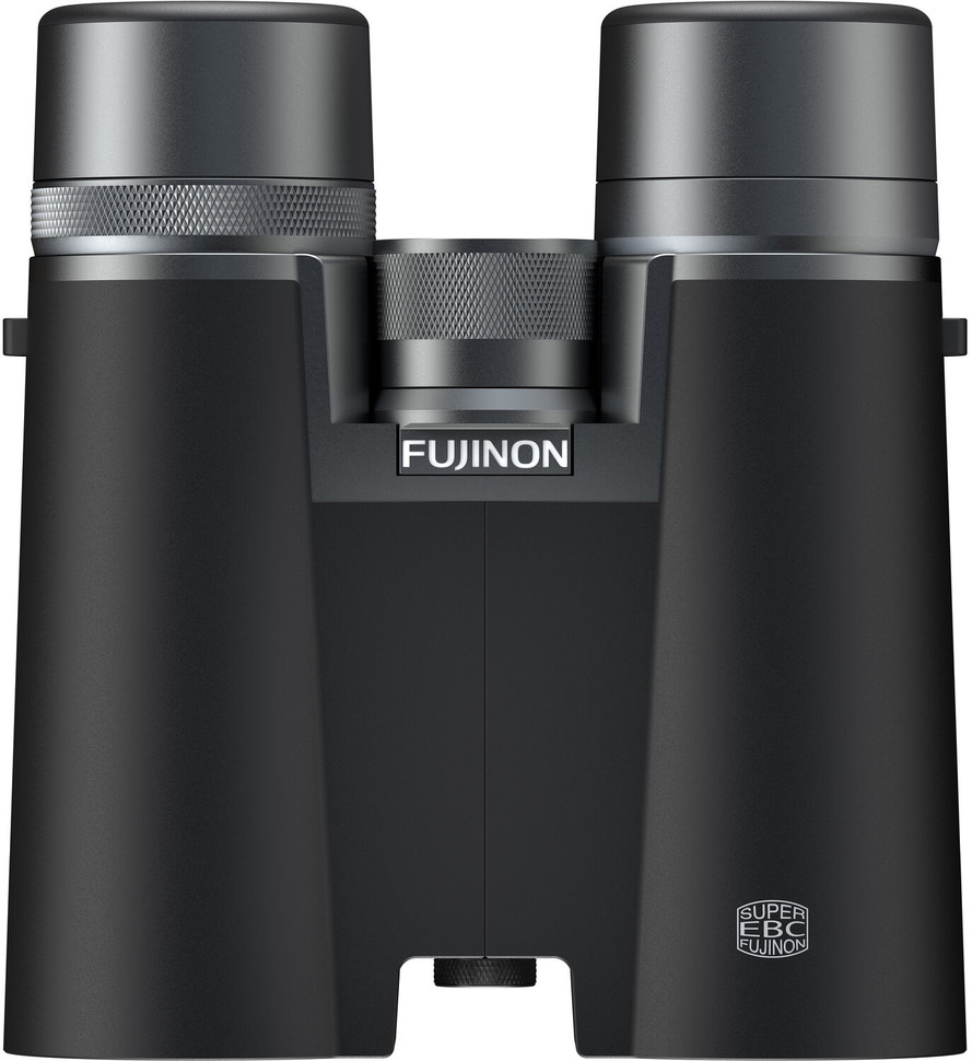 Czarna lornetka z napisem 'FUJINON' pośrodku. Srebrne akcenty u góry.