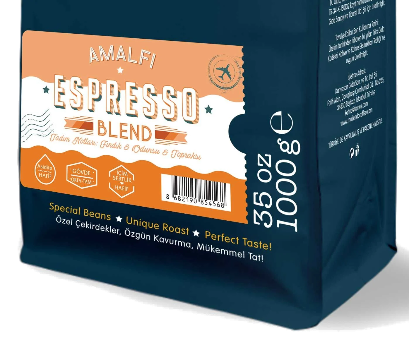 Amalfi Espresso Blend kahve poşeti, ön yüzünde detaylar.