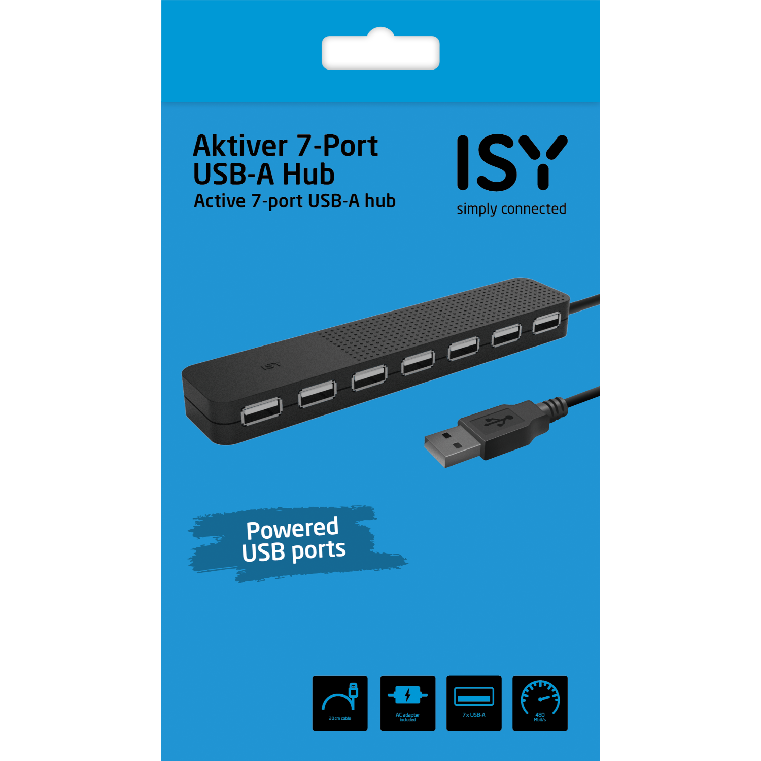 Zwarte USB-hub box met USB-poorten, een USB-kabel en de tekst "ISY" en "Powered USB ports".
