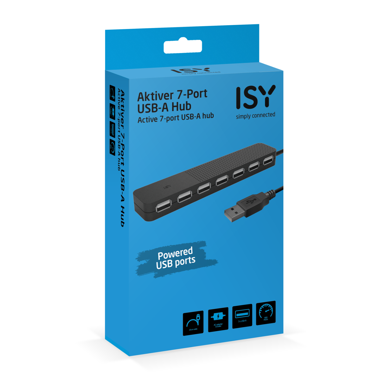 Een blauwe doos van een ISY 7-poorts USB-A hub met productdetails.