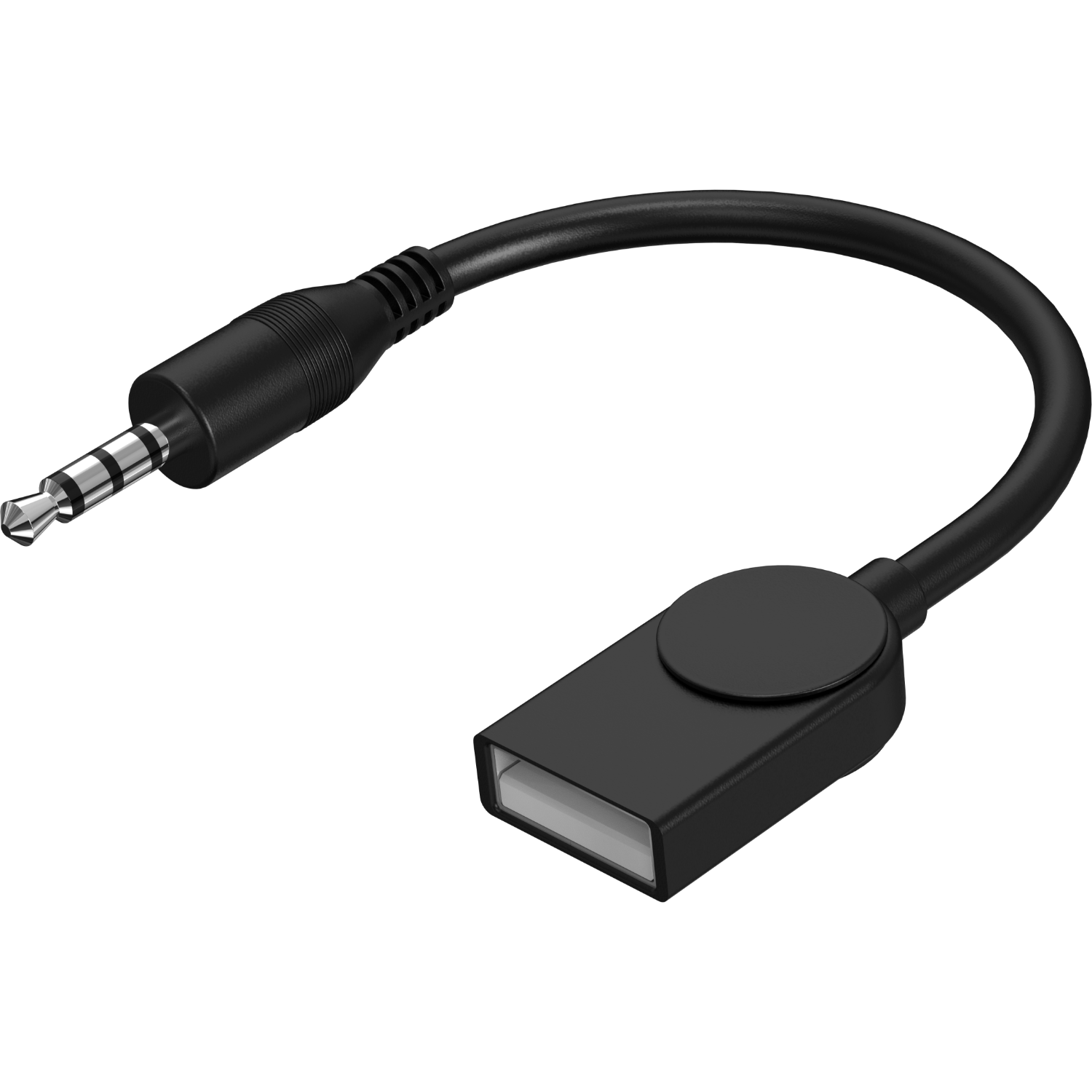 A black USB to audio jack adapter cable.