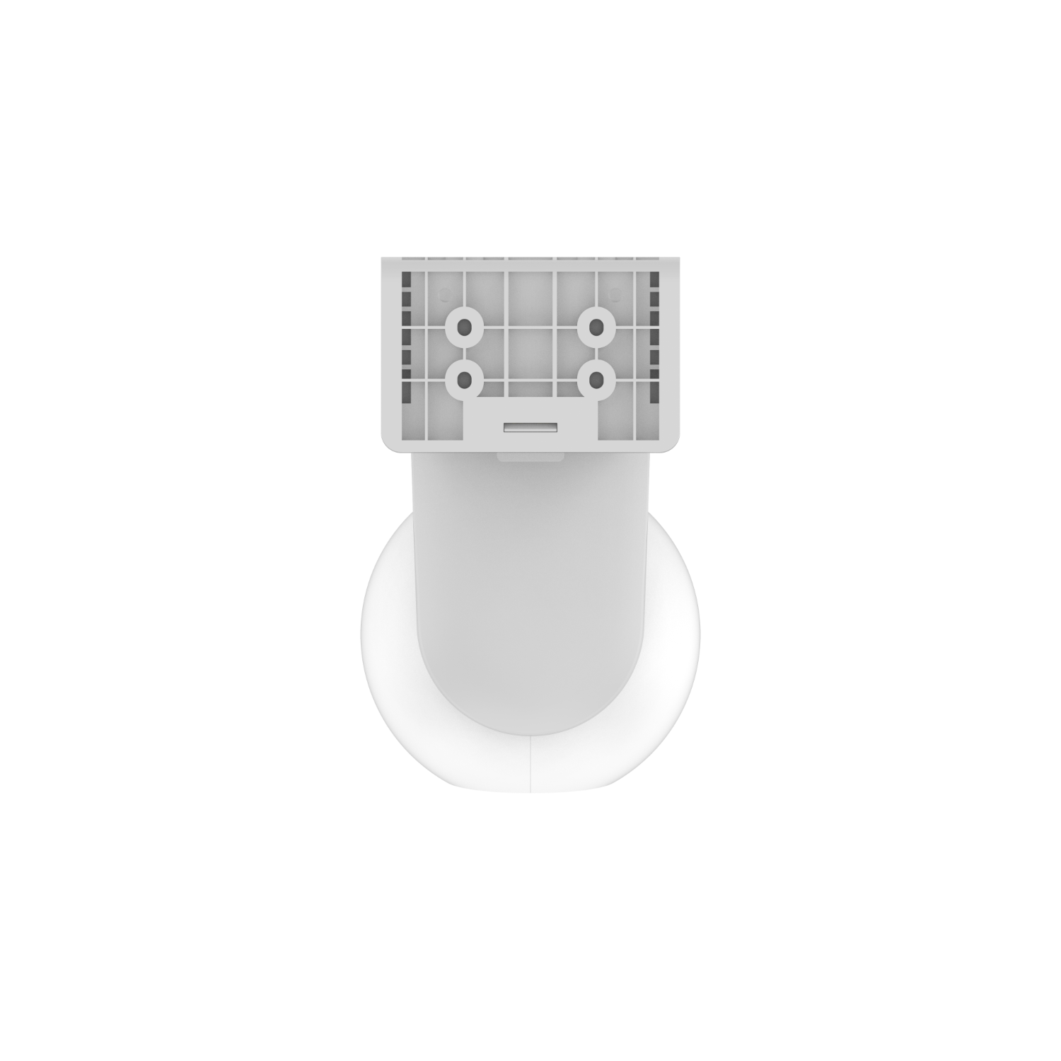 Top-down view of a white, rectangular, plastic wall mount with four screw holes.