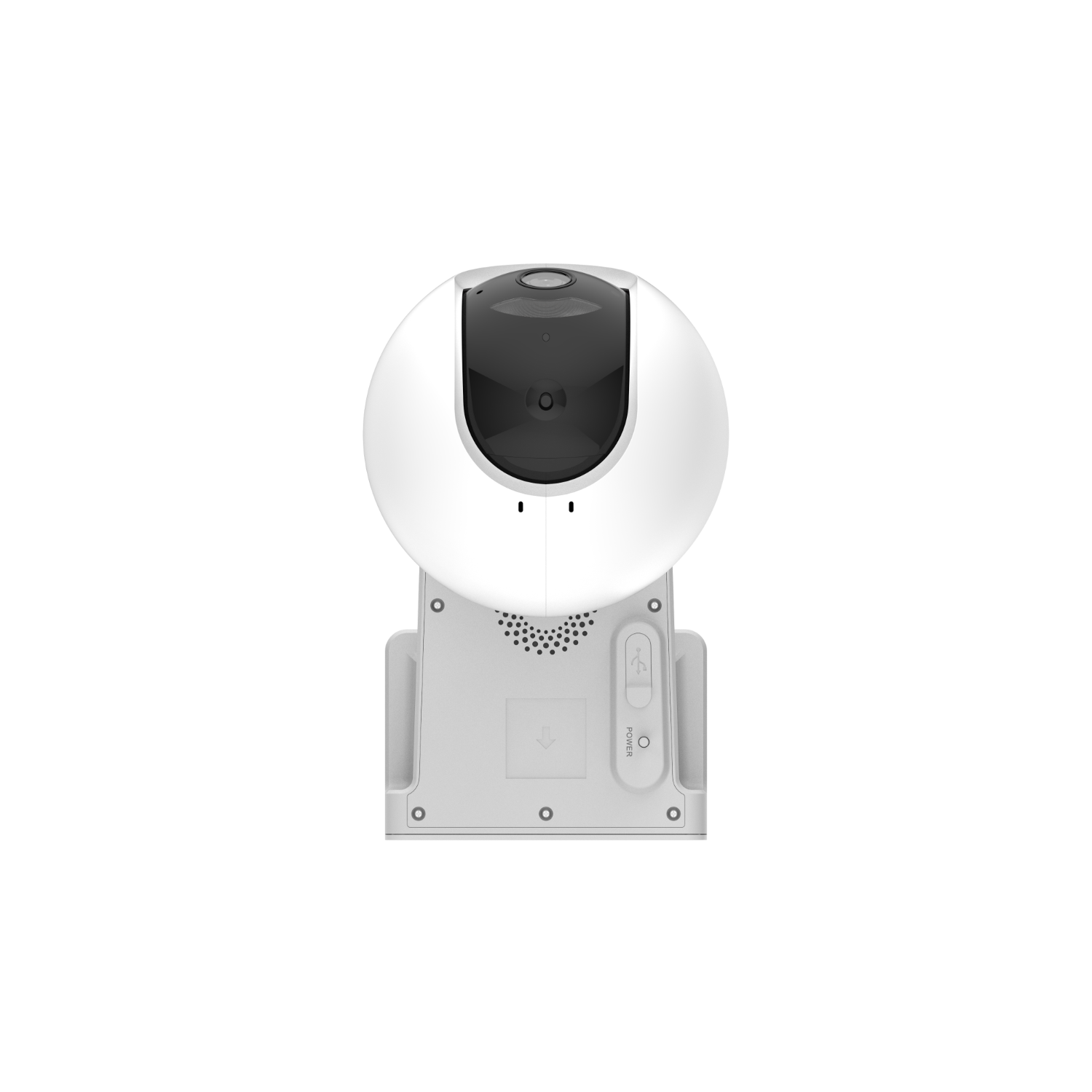 White security camera with a black lens, power and reset buttons on a black background.