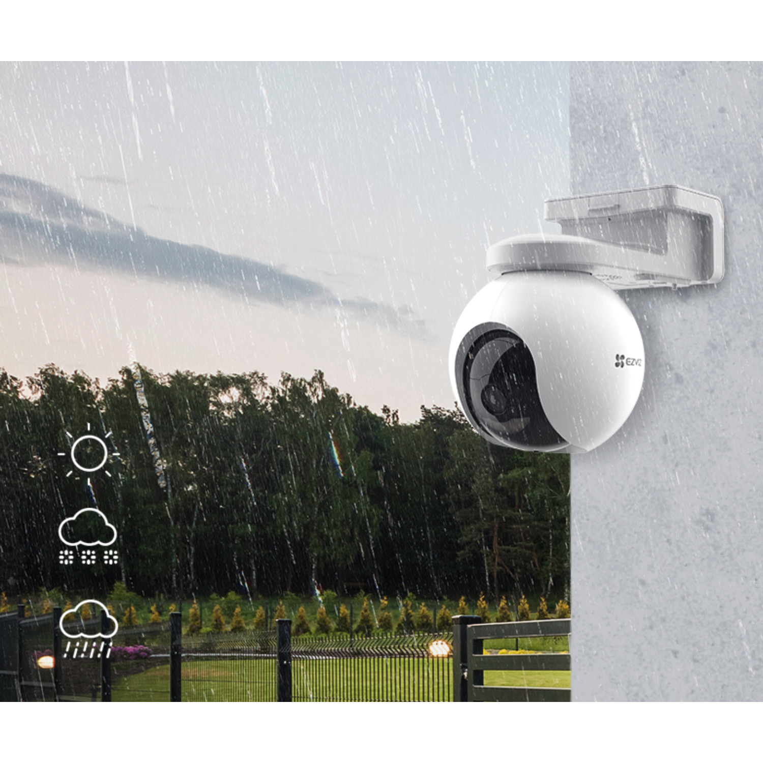 A white security camera mounted on a wall, with rain and weather icons.