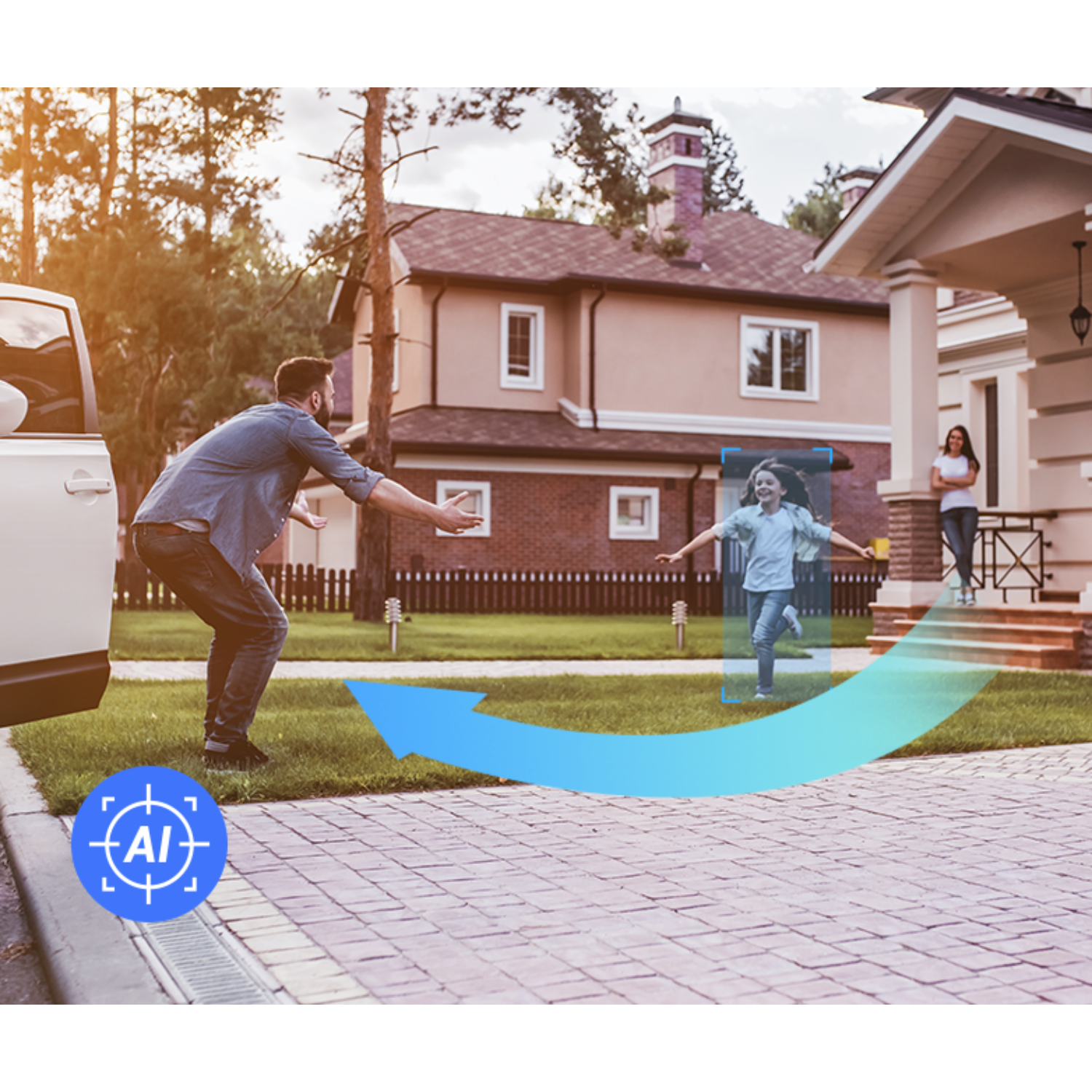 Man throws ball towards a girl. Car and house are in the background. An AI logo in the corner.