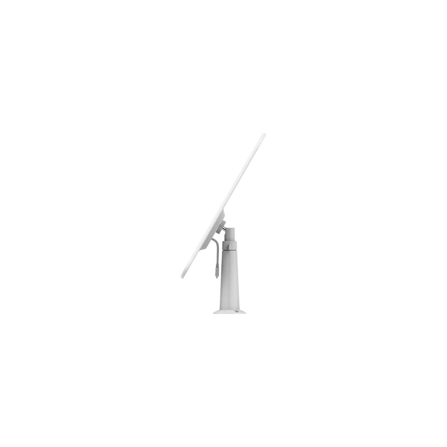 White monitor on a white stand, angled right, against a black background.