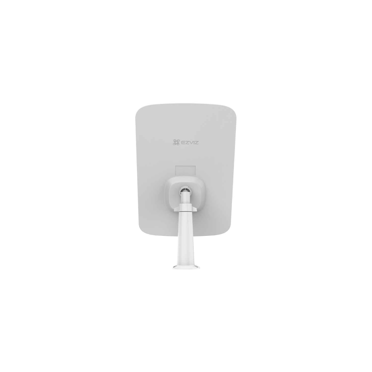 White EZVIZ security camera, back view, with a stand.