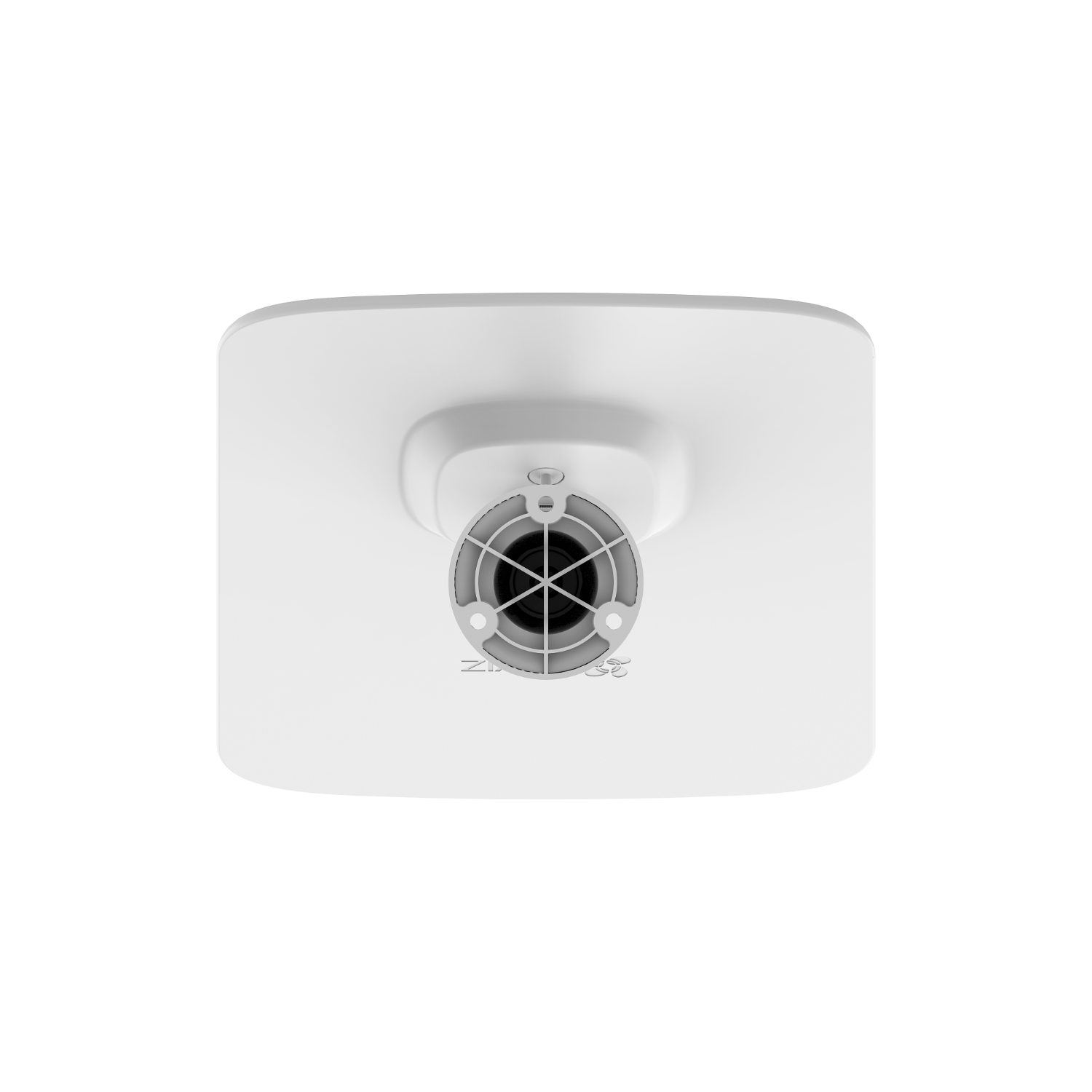 A white, square-shaped device with a circular grill and a central lens.
