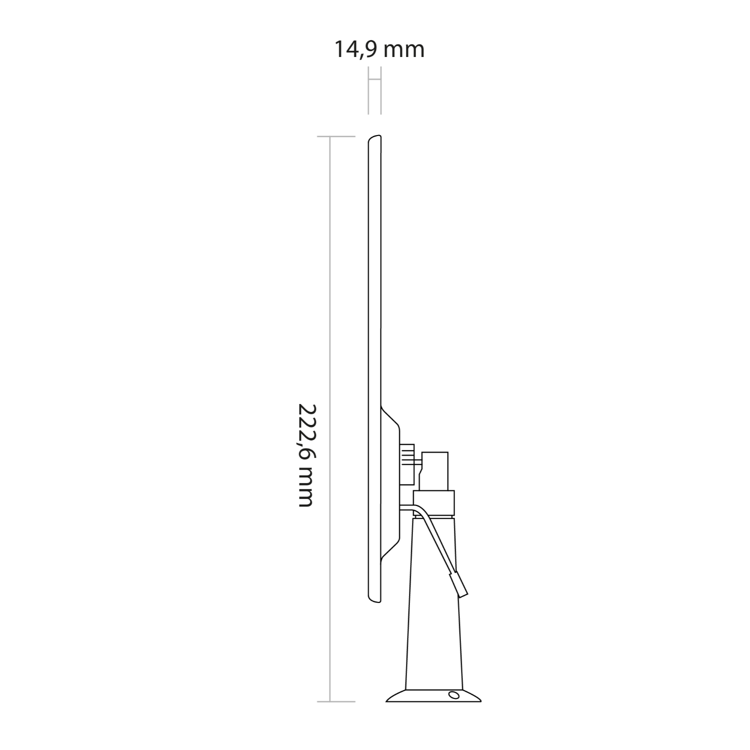 Side view of a monitor with dimensions labeled: 222.6 mm height, 14.9 mm width.