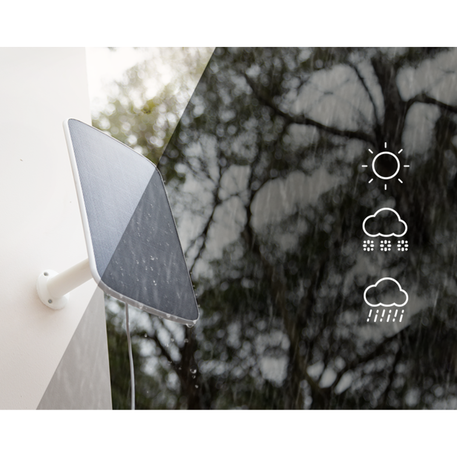 A white speaker mounted on a wall with weather icons.