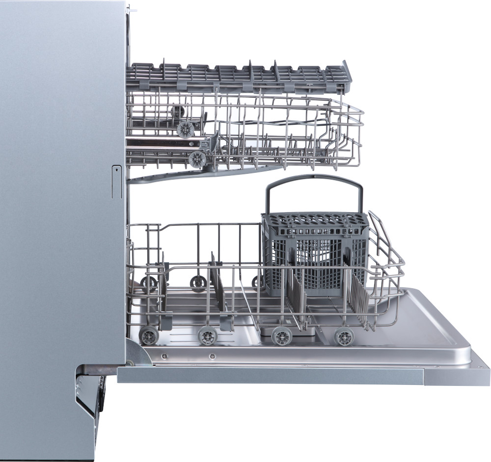 Opened silver dishwasher with racks and a cutlery basket. White background.