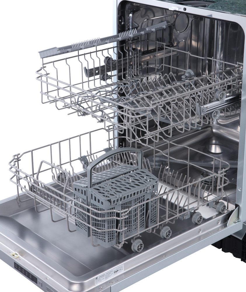 Open dishwasher interior showing two racks for dishes and a cutlery basket, silver inside.