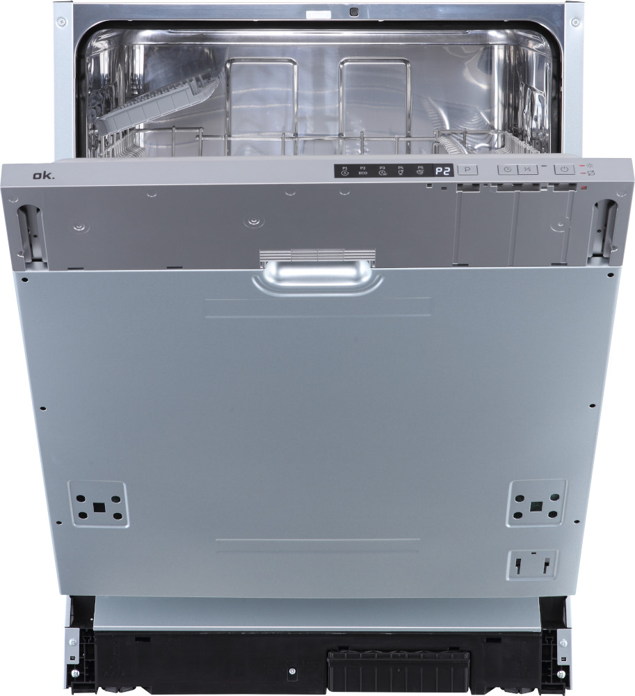 A dishwasher is open, showing the interior racks. It is silver and has the ok. brand on the front.
