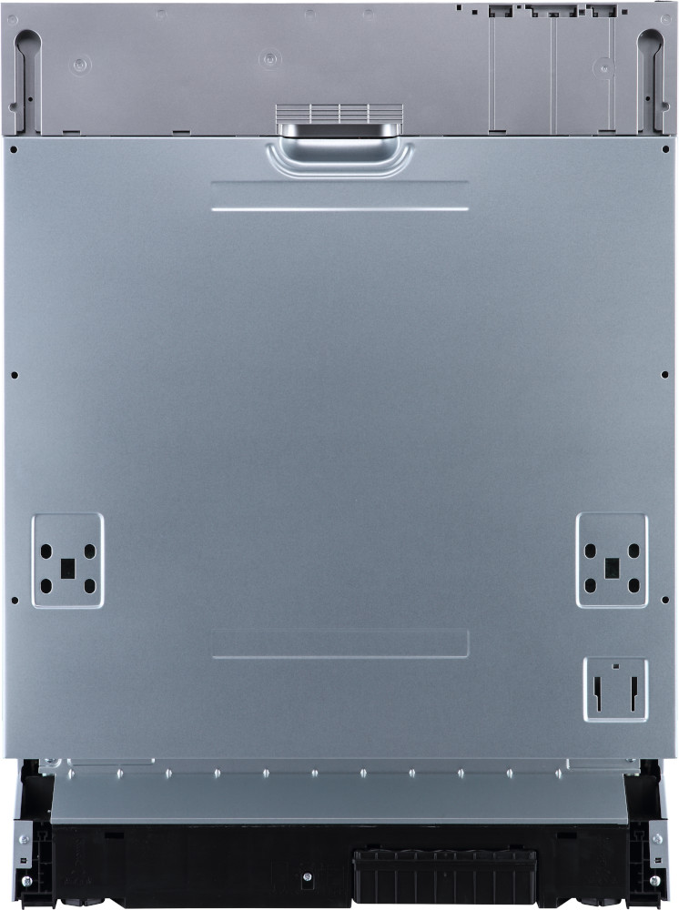 The back of a stainless steel dishwasher with a handle and vent holes.