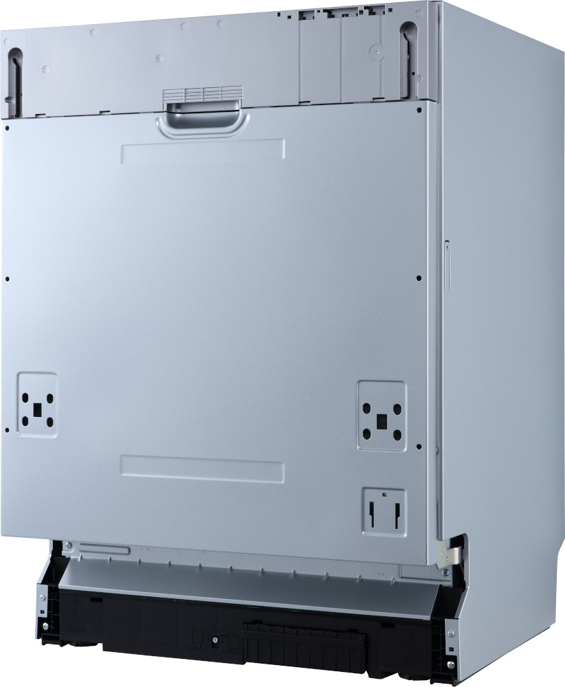 Silver dishwasher back view, showing various components and mounting points.