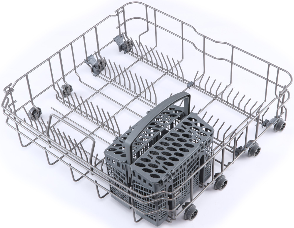 A dishwasher basket with a utensil holder. The basket is empty and on a white background.